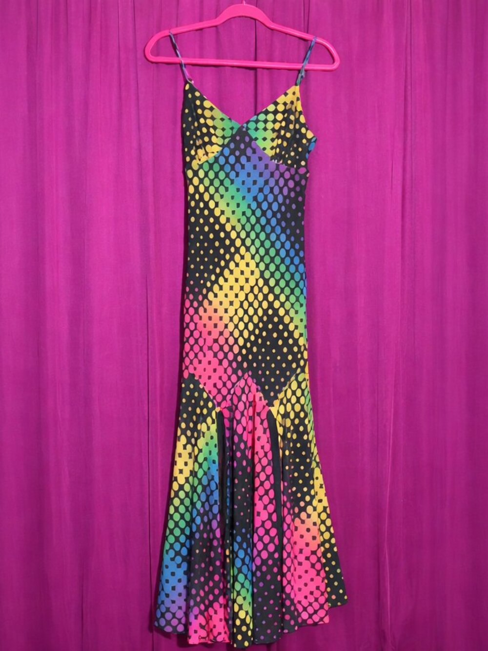 Betsey Johnson Slip Maxi Dress in Neon Rainbow Polka Dot w/ Flared Mermaid Skirt